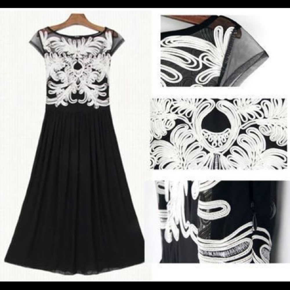 L&X Black Shear Chiffon White Soutache MIDI Dress - Picture 12 of 14